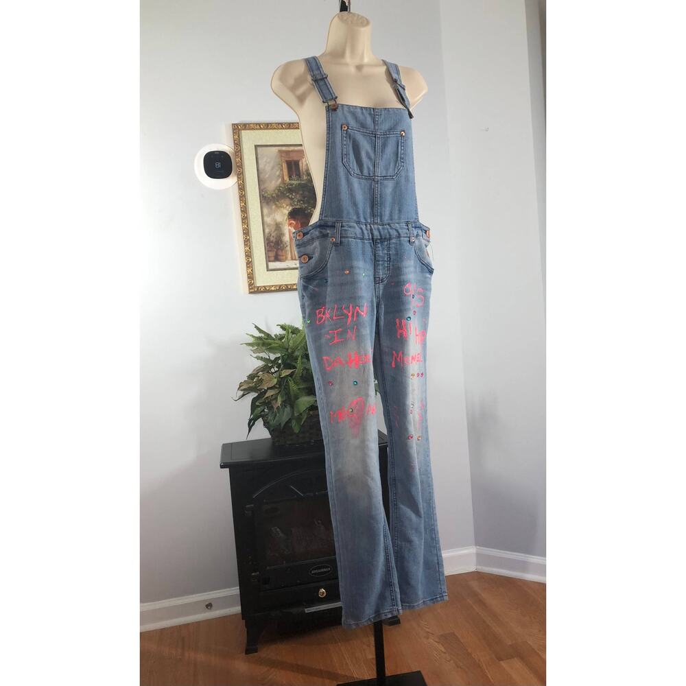 Cherokee‎ Overalls Women XL Blue Denim Graffiti 90s Hip Hop Streetwear Y2K Style